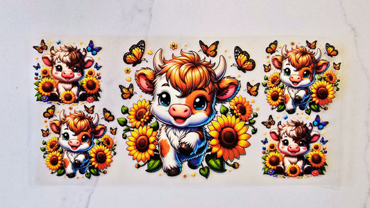Mini Highland Cow with Sunflowers