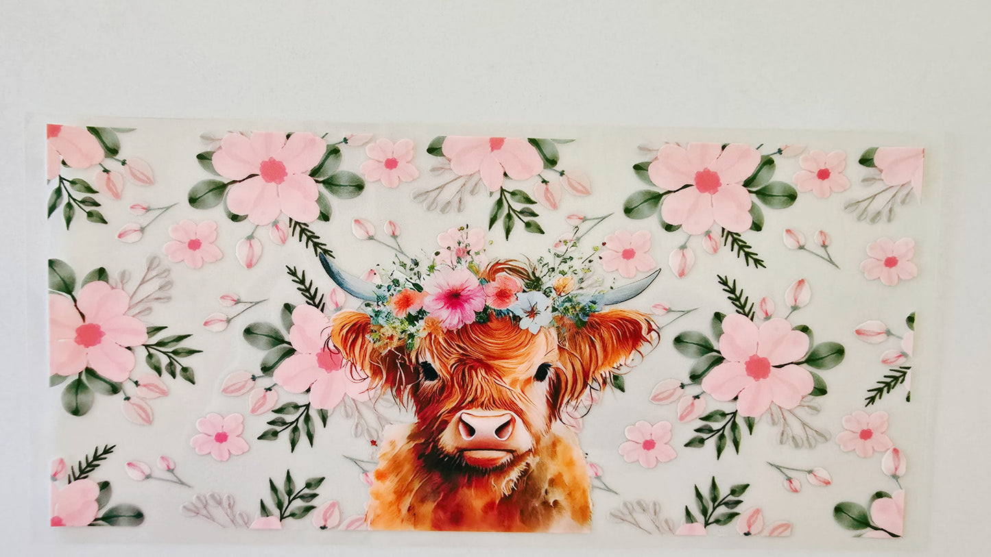 Highland Cow with Pink Flowers