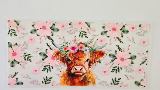Highland Cow with Pink Flowers