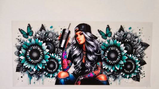 Black & Teal Flowered Tattoo Girl
