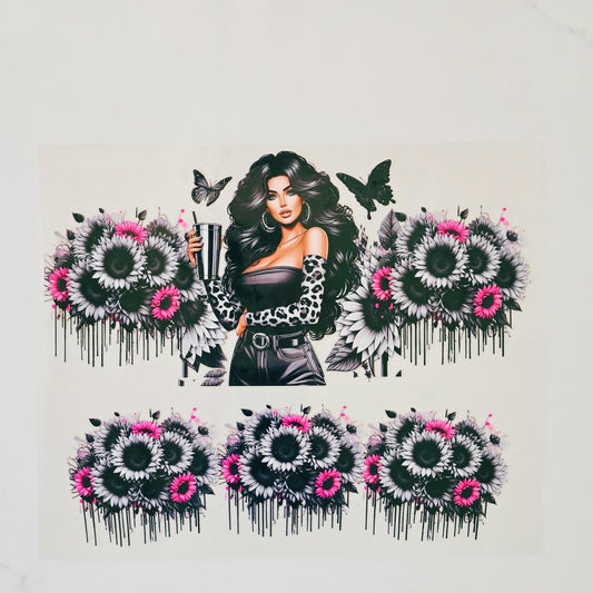 40oz Black & Pink Flower Tattoo Girl