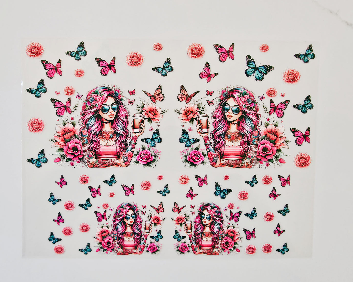 40oz Blue/Pink Butterflies Tattoo Girl