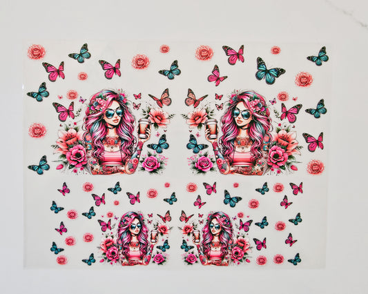 40oz Blue/Pink Butterflies Tattoo Girl